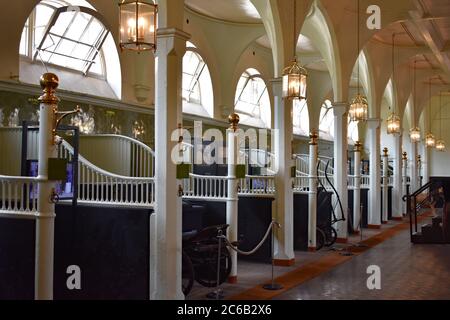 Stalle disusate nei Royal Mews a Buckingham Palace. Ora utilizzato come museo e area esalta per le carrozze. Le pareti sono di legno verde chiaro e bianco. Foto Stock