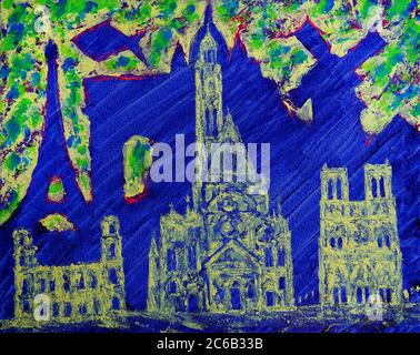 Pittura astratta della città di Parigi e dei pesci Foto Stock