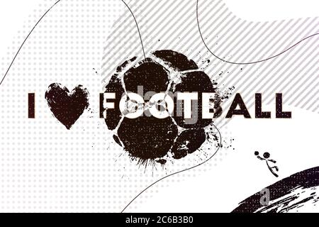 Mi piace il calcio. Illustrazione vettoriale di sfondo astratto del calcio con stampa palla da calcio grunge, cuore e portiere cattura la palla Illustrazione Vettoriale