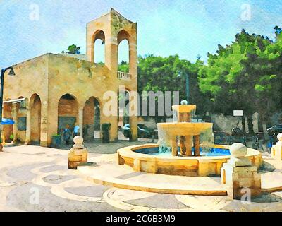 dipinto digitale ad acquerello della piazza della fontana di fronte al viale di gerusalemme nel quartiere noga di jaffa, tel aviv, Foto Stock