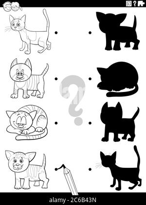 Cartoon bianco e nero Illustrazione di Match the Right Shadows with Pictures Educational Task for Children with Cats and Kittens characters coloring Illustrazione Vettoriale