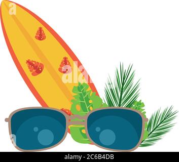foglie tropicali palme estate con tavola da surf e occhiali da sole disegno vettoriale illustrazione Illustrazione Vettoriale