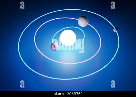 modello di illustrazione 3d di un sistema solare con pianeti in orbita intorno al sole su sfondo blu. Forme geometriche semplici. Foto Stock