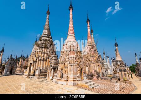 La Pagoda di Kakku con i suoi 2500 stufa, Kakku, Shan state, Myanmar (Birmania), Asia Foto Stock