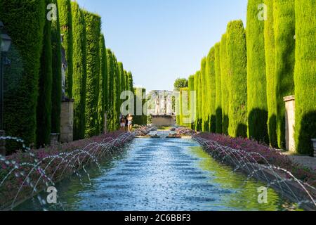 Cipressi, statue e fontane nei giardini dell'Alcazar de Los Reyes Cristianos, patrimonio dell'umanità dell'UNESCO, Cordova, Andalusia, Spagna, EUR Foto Stock