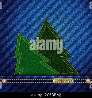 Uno sfondo in denim con albero di Natale cucito che emerge da tasca e una scheda che desidera un buon Natale. Disponibile anche in formato vettoriale. Illustrazione Vettoriale