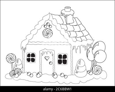 Illustrazione vettoriale. Attività per bambini - pagina da colorare di una casa di pan di zenzero Illustrazione Vettoriale