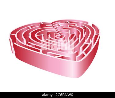 Un labirinto cardiaco 3D in tonalità di rosa. Isolato su sfondo bianco. Formato vettoriale EPS10. Illustrazione Vettoriale