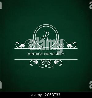 Monogramma della lettera R, in stile retrò floreale su sfondo verde lavagna. Formato vettoriale EPS10 Illustrazione Vettoriale