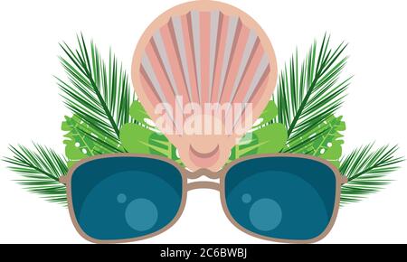 foglie tropicali palme estate con conchiglia e occhiali da sole disegno vettoriale illustrazione Illustrazione Vettoriale
