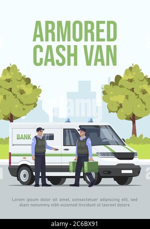 Modello di poster in contanti blindato. Consegna sicura di denaro per il servizio ATM. Volantino commerciale con illustrazione semiflata. Carta promozionale per cartoni animati vettoriali. Illustrazione Vettoriale