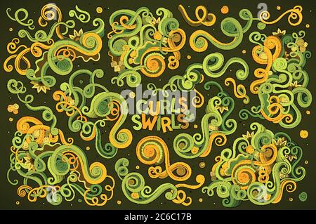 Cartoni animati Doodle disegnati a mano vettoriali Set di ricci e rotazioni Illustrazione Vettoriale