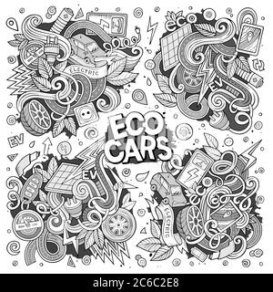 Line art vettore doodle cartoon set di oggetti auto elettriche Illustrazione Vettoriale
