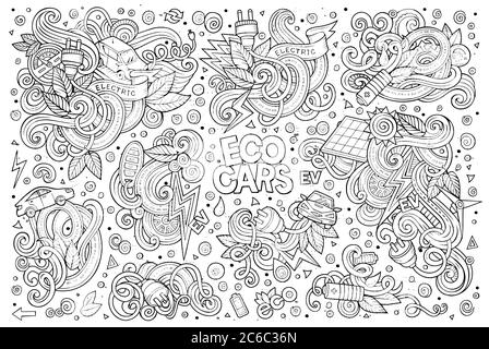 Line art vettore doodle cartoon set di oggetti auto elettriche Illustrazione Vettoriale