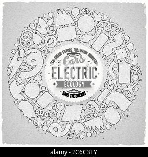 Vettore disegnata a mano insieme di oggetti di doodle cartoni animati di automobili elettriche Illustrazione Vettoriale
