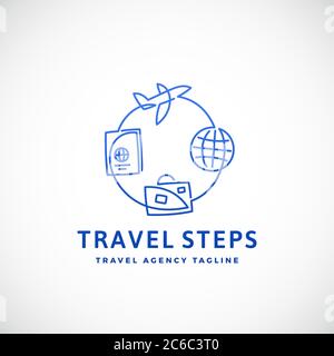 Passi di viaggio Abstract Vector Sign, Emblem o Logo Template. Illustrazione stile linea. Illustrazione Vettoriale