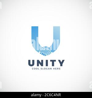 Unity Abstract Vector Sign, Symbol or Logo Template (simbolo, simbolo o modello di logo). Agitare a mano incorporato nel concetto di lettera U. Illustrazione Vettoriale