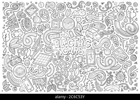 Line art vettore doodle cartoon set di oggetti auto elettriche Illustrazione Vettoriale