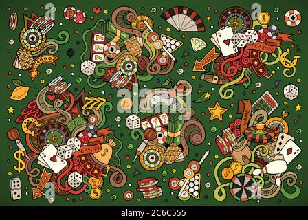 Colorful vettore mano doodles disegnati cartoon set di oggetti Casino Illustrazione Vettoriale