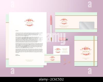 Template con logo Lilies e set fisso realistico vettoriale con Ombre morbide. Ottimo come modello o mock-up per l'identità aziendale. Illustrazione Vettoriale