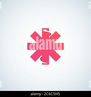 Croce con Snake spazio negativo. Segno vettoriale astratto, emblema, icona o modello di logo. Simbolo medico moderno e minimalista. Illustrazione Vettoriale