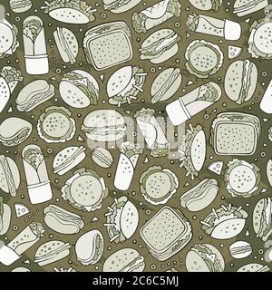 Cartone animato cute mano disegnata Fast food modello senza giunture. Illustrazione Vettoriale