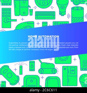 Modello banner automazione domestica in stile linea con posizione per testo. Poster con icone di cose intelligenti. Illustrazione vettoriale. Illustrazione Vettoriale