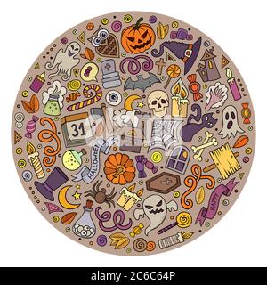 Insieme di oggetti cartoni animati, simboli ed elementi di Halloween Illustrazione Vettoriale