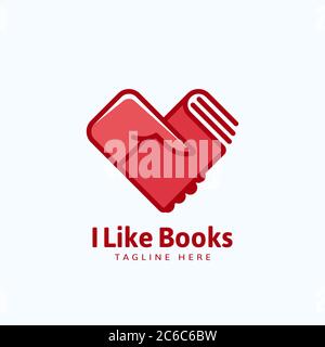 Mi piacciono i libri Abstract Vector Sign, Emblem o Logo Template. Mano che tiene un libro in una forma del cuore. Illustrazione Vettoriale