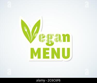 Etichetta vettoriale, segno o emblema del menu vegano. Forchetta e coltello in un concetto di foglio. Illustrazione Vettoriale