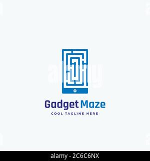Firma vettoriale, emblema o modello logo di Abstract Gadget Maze. Labirinto in un concetto di silhouette smartphone. Illustrazione Vettoriale