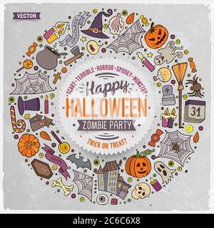 Oggetti cartoni animati, simboli ed elementi di Halloween con cornice rotonda Illustrazione Vettoriale