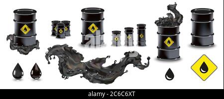 Illustrazione dell'onda di fuoriuscita di petrolio dal cilindro nero dell'olio spruzzato. Per infografiche, carburante, industria, energia, industria, ecologia. Foto Stock