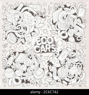 Line art vettore doodle cartoon set di oggetti auto elettriche Illustrazione Vettoriale