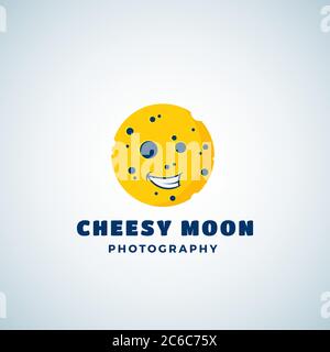 Fotografia della Luna del formaggio Abstract Vector Sign, Emblem o Logo Template. Silhouette lunare rotonda con laughing. Illustrazione Vettoriale