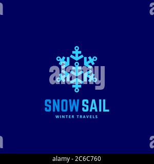 Snow Sail Viaggi invernali Abstract Vector Sign, emblema o Logo Template. Simbolo di fiocco di neve fatto di ancoraggi. Concetto di identità creativa. Illustrazione Vettoriale