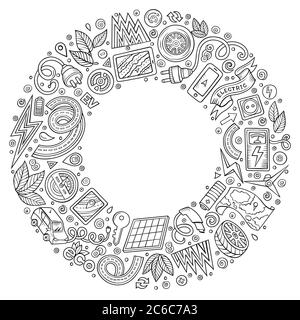 Vettore disegnata a mano insieme di oggetti di doodle cartoni animati di automobili elettriche Illustrazione Vettoriale