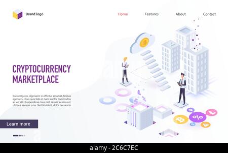 Layout di progettazione dei siti Web di servizi cloud mining e blockchain. Crypto valuta investimenti, mercato, bancario. Modello vettore della pagina di destinazione isometrica del mercato della criptovaluta. Illustrazione Vettoriale