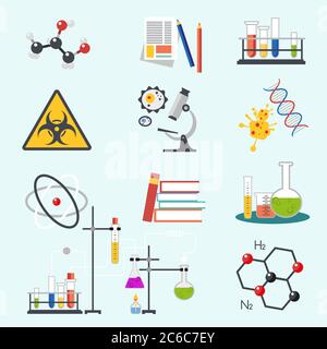 Laboratorio chimico scienza e tecnologia disegno piatto icone vettoriali illustrazione Illustrazione Vettoriale