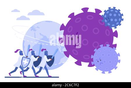 I cavalieri medici proteggono la terra da rabbia covid-19 virus flat vettore illustrazione concetto, poster, banner. Stop Coronavirus compagnia, scienziato lotta con moderna pandemia epidemica. Illustrazione Vettoriale