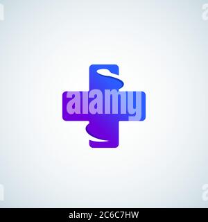 Modern Gradient Plus o Cross con Snake spazio negativo. Segno vettoriale astratto, emblema, icona o modello di logo. Simbolo medico minimalista. Illustrazione Vettoriale