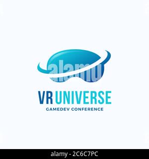 Icona, segno o modello di logo del vettore astratto di Virtual Reality Universe. Occhiali elettronici Silhouette con Orbit. Illustrazione Vettoriale