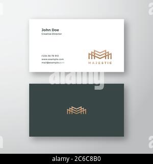 Majestic Abstract Geometry Minimal Vector Sign, Symbol or Logo and Business Card Template. Emblema con scritta Premium Line Style. Oro con ombre. Illustrazione Vettoriale