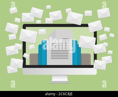 Concetto di marketing e-mail e un sacco di messaggi buste sullo schermo del computer portatile Illustrazione Vettoriale