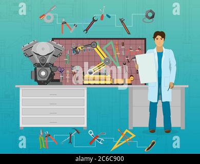 sviluppatore meccanico in laboratorio di scienza e tecnologia. Concetto di idea di lavoro di scienziato. Illustrazione Vettoriale