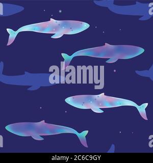 Modello senza cuciture con balena magica nel cielo stellato notturno. Illustrazione vettoriale. Illustrazione Vettoriale