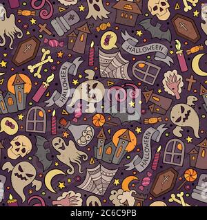 Cartoon cute mano disegnata Halloween modello senza giunture Illustrazione Vettoriale