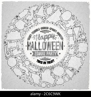 Oggetti cartoni animati, simboli ed elementi di Halloween con cornice rotonda Illustrazione Vettoriale