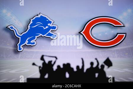 Detroit Lions vs. Chicago Bears. Supporto dei fan su NFL Game. Silhouette di tifosi, grande schermo con due rivali in background. Foto Stock