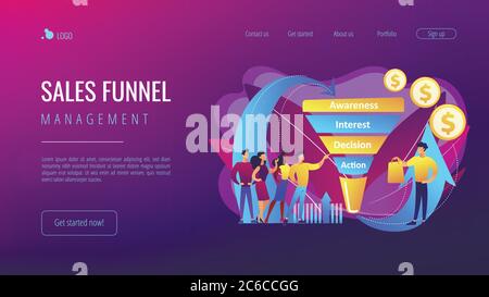 Pagina di destinazione del concetto di gestione dell'imbuto delle vendite. Illustrazione Vettoriale